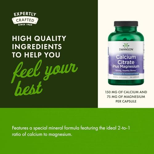 Swanson Calcium Citrate Plus Magnesium, 150 Capsules | Mineral Supplement Promoting Strong Bones, Energy Production, and Muscle Relaxation