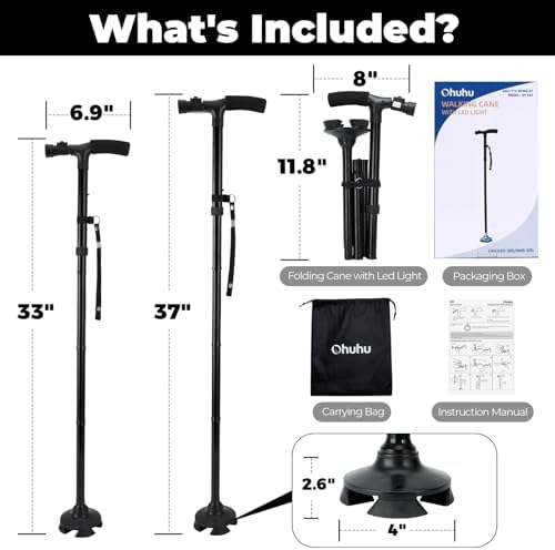 Walking Cane for Men Women: Ohuhu Walking Canes with LED Light Folding Walking Stick Adjustable Free Standing Canes with Wrist Strap Travel Bag for Seniors Adults