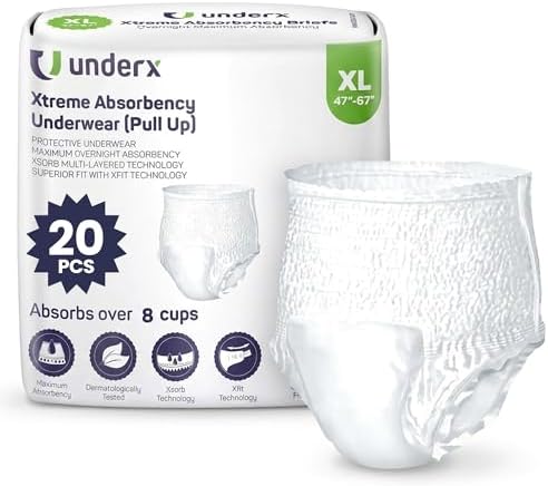 UnderX Adult Disposable Incontinence Underwear – Maximum Absorbency Pull Ups, Overnight Leak Protection, 8 Cup Absorption, Soft Latex-Free