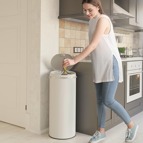 iTouchless 13 Gallon Touchless Sensor Kitchen Trash Can with Odor Control System, Brushed Stainless Steel, Round Garbage Bin for Home or Office - IT13RCB