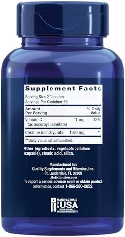 Life Extension Creatine Capsules – Creatine Monohydrate – Promotes Strength, Lean Muscle, Healthy Endurance – Non-GMO