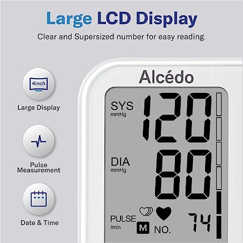 Alcedo Blood Pressure Monitor for Home Use, Upper Arm Cuff BP Machine | Large LCD Screen, Talking Function, 2x120 Memory, Large Cuff (8.7–16.5"), Batteries+USB Cable