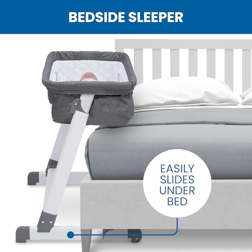 Simmons Kids By The Bed City Sleeper Bassinet - Adjustable Height Portable Crib with Wheels & Airflow Mesh, Grey Tweed
