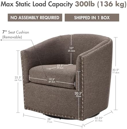 Madison Park Swivel Barrel Accent Chair, Upholstered Curved Back with 7-Inch Thick Woven Cushion, 360° Swivel, Nailhead Trim, Comfy Chair for Living Room, Bedroom, Office, 28" Wide, Neutral, Tyler