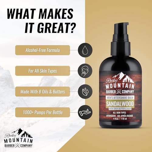 Rocky Mountain Barber Company Sandalwood Aftershave Balm for Men, 4 oz | Made with Sandalwood Essential Oil, Coconut Oil and Shea Butter