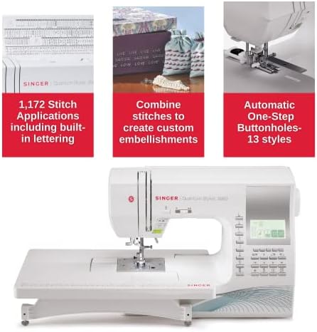 SINGER® Quantum Stylist 9960 Computerized Sewing & Quilting Machine | Hard case, extension table, 13 presser feet included, 600 stitches, 5 fonts, LED light, metal frame, 13 one-step buttonholes