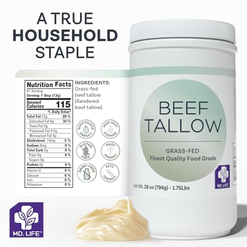 MD. Life Beef Tallow for Cooking - Food Grade Grass Fed Beef Tallow for Cooking Oil Replacement - 28 Ounce - Pasture Raised Keto Friendly Beef Tallow- Used to Make Candles & Soap