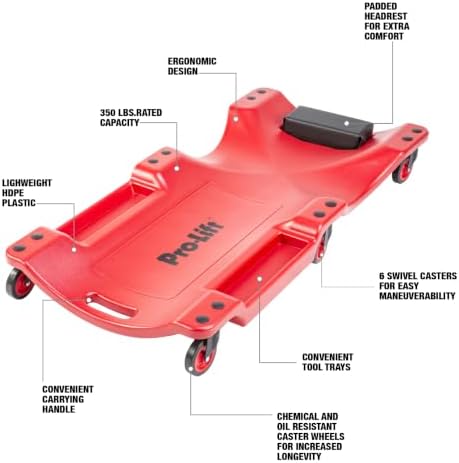 Pro Lift Mechanic Plastic Creeper 40 Inch - Blow Molded Ergonomic HDPE Body with Padded Headrest & Dual Tool Trays - 350 Lbs Capacity Red