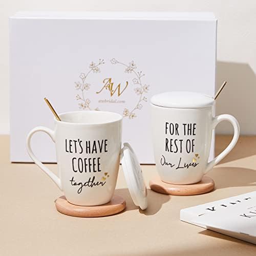 AW BRIDAL Ceramic Engagement Gifts For Couples Coffee Mugs Set Of 2, 12 Oz | Unique Newly Engaged Bachelorette Bridal Shower Gift for Bride