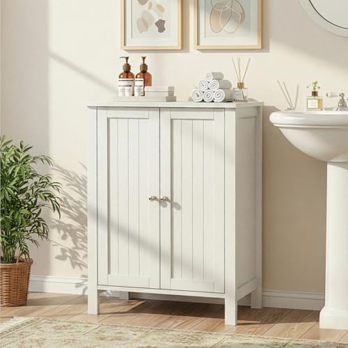 Bonnlo Bathroom Cabinet Free Standing Floor Storage with Double Door Adjustable Shelf Space Saver Decorative Modern Bathroom Furniture White