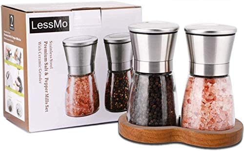 LessMo Salt and Pepper Grinder Set with Wooden Standing Tray