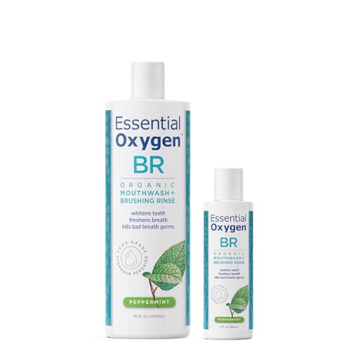Essential Oxygen Certified BR Organic Brushing Rinse, All Natural Mouthwash for Whiter Teeth, Fresher Breath, and Happier Gums, Alcohol-Free Oral Care, Peppermint, 16 Ounce, Package may vary