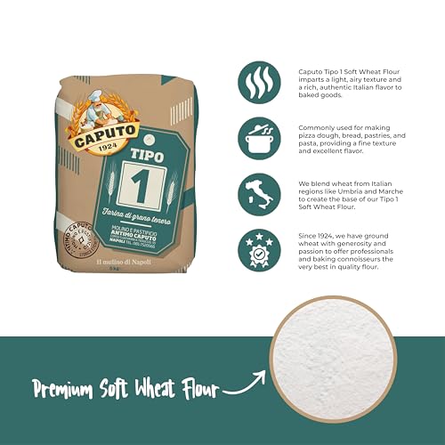 Antimo Caputo Tipo 1 Wheat Flour 11 LB Bag - Soft Wheat Flour, With Germ & Bran, Rustic Breads, Pizza & More - Italian Flour