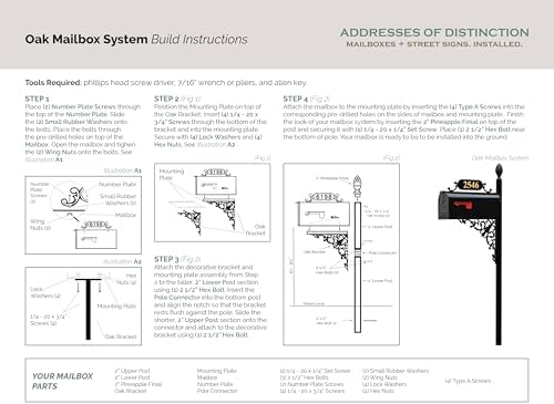 Oak Black Mailbox with Decorative Post Kit | Rust-resistant black metal mailbox includes personalized house numbers, decorative bracket