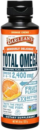 Barlean's Total Omega 3 6 9 Orange Crème Liquid Fish Oil Supplement with Borage and Flaxseed Oil, 2,400 mg of Omegas EPA and DHA Plus GLA for Joint and Heart Health, 8 oz | Fish, borage & flax oils, EPA DHA ALA GLA omegas, Burpless, Non-GMO, Gluten-free,…