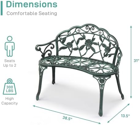 VINGLI 38.5" Patio Park Garden Outdoor Metal Rose Bench, 2-Person Cast Iron Cast Aluminium Frame Antique Finish Chair,Accented Lawn Front Porch Path Yard Decor Deck Furniture (Bronze, Rose)