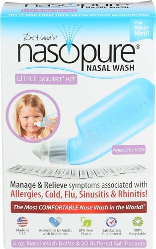 Nasopure Nasal Wash, Little Squirt Kit, “The Nicer Neti Pot” Sinus Wash Kit, Comfortable Nasal Rinse Bottle & 20 Salt Packets