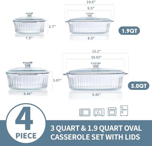 M MCIRCO 4-Piece Glass Casserole Baking Dish, Set of 2 Casseroles With Glass Lids, 1.9 Qt and 3 Qt | Baking Pans for Lasagna