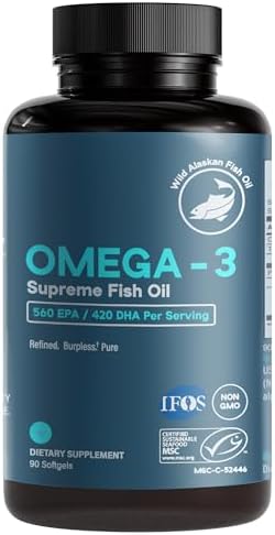 Omega-3 Supreme 1400 mg Wild Alaskan Fish Oil | Enteric Coated, Burpless | MSC Certified High EPA DHA, Improved Absorption & Heavy Metal Tested (3 Mo Supply,180 Softgels)