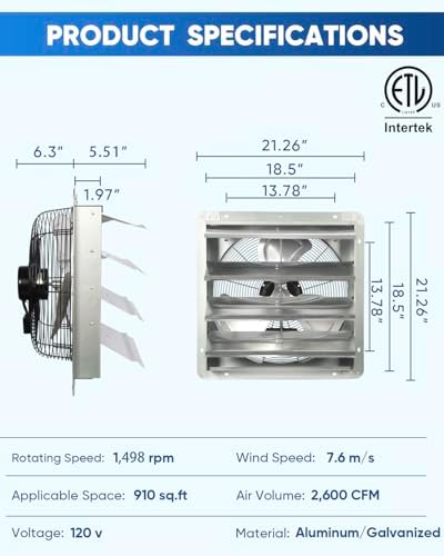 KEN BROWN 12 Inch Shutter Exhaust Fan Wall Mounted, Aluminum with 1.65 Meters Power Cord Kit, High Speed 1450CFM, Vent fan for Commercial, Greenhouse
