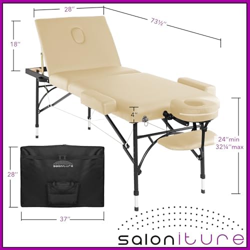 Saloniture Professional Portable Lightweight Tri-Fold Massage Table with Aluminum Legs - Includes Headrest, Face Cradle