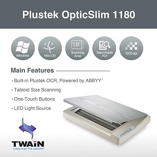Plustek OS1180 - Flat Scanner for Graphics and Documents in A3 Format, Design Suitable for Libraries