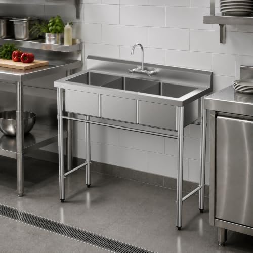 Bonnlo 3-Compartment NSF 304 Stainless Steel Utility Sink Commercial Grade Laundry Tub Culinary Sink for Outdoor Indoor, Garage, Restaurant, Kitchen