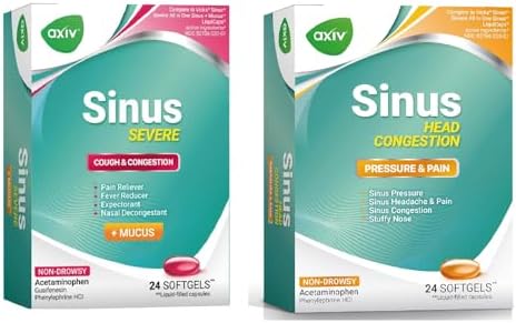 AXIV Sinus Head Congestion & Sinus Severe & Mucus Relief – 24 Softgels Each Bundle