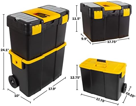 Portable Tool Box on Wheels - Stackable 3-in-1 Chest for Workshops and Craft Rooms - Foldable Comfort Handle and Latches by Stalwart (Black/Yellow)