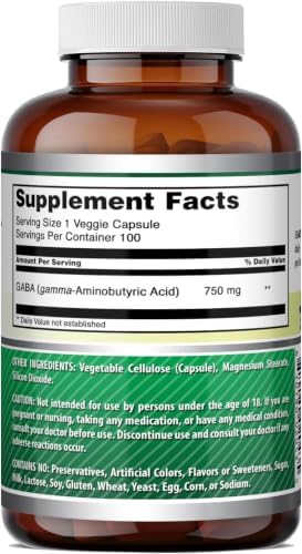 Amazing Formulas GABA Supplement | 750 Mg per Serving | 100 Veggie Capsules | Non-GMO | Gluten-Free | Made in USA | Ideal for Vegetarians