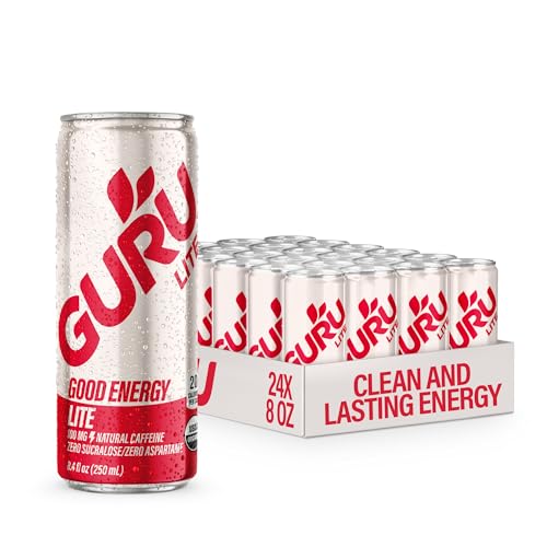 GURU Organic Energy Drink, Lite, Natural Caffeine, 8.4 Fl Oz, 24 Pack | 100 MG Natural Caffeine for Workouts, Performance & Midday Boost