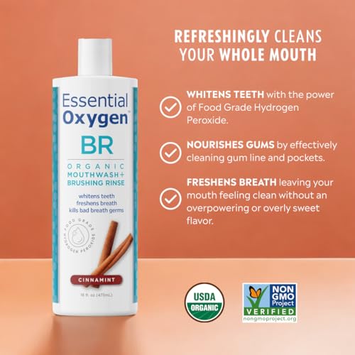Essential Oxygen Certified BR Organic Brushing Rinse, All Natural Mouthwash for Whiter Teeth, Fresher Breath, and Happier Gums, Alcohol-Free Oral Care, Peppermint, 16 Ounce, Package may vary