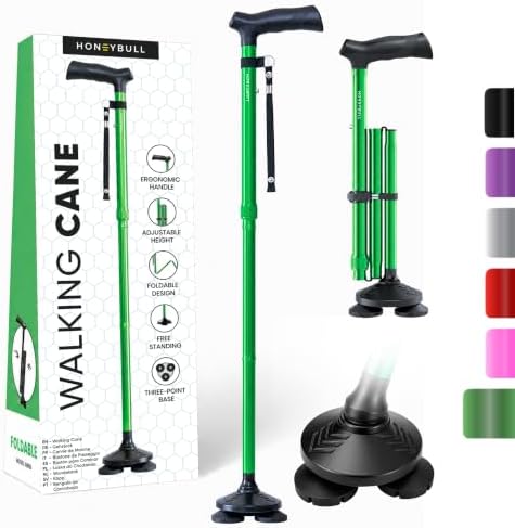 HONEYBULL Walking Cane for Men & Women, Foldable Free Standing Cane | Adjustable height, collapsible design, heavy-duty, pivot base for stable support, ergonomic handle