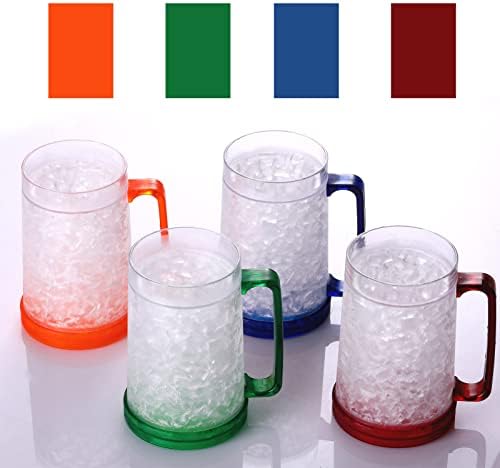 Double Wall Gel Frosty Freezer Ice Mugs Clear 16oz Set of 4 (Blue, Red, Orange and Green)