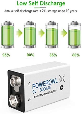 POWEROWL 9V Rechargeable Batteries 600mAh Lithium-ion Low Self Discharge Battery for Smoke Dectector and More 4 Pack