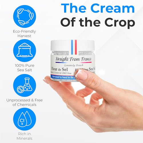 Straight from France Genuinely French Fleur De Sel Flaky Sea Salt | Finishing salt rich in minerals & electrolytes, flaky sea salt for baking and seasoning dishes, hand harvested, 1.5oz jar