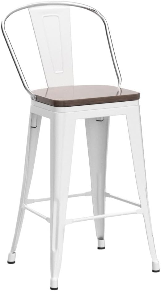 Alunaune 24" Swivel Metal Bar Stools Set of 4 High Back Counter Height Barstools Industrial Dining Bar Chairs with Large Wooden Seat-Matte Black