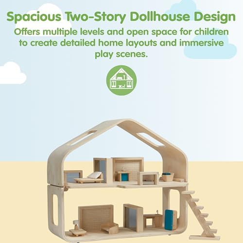 PlanToys® Green Wooden Dollhouse with Solar Panel, Wind Turbine & Furniture | recycling system, eco-friendly doll house, sustainable pretend play, kids, girls, environmental learning gift for boys