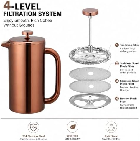 8-Cup Double Wall Insulated Stainless Steel French Coffee Press, 32-Ounce Durable Coffee Tea Maker with Stainless Steel Plunger, Copper