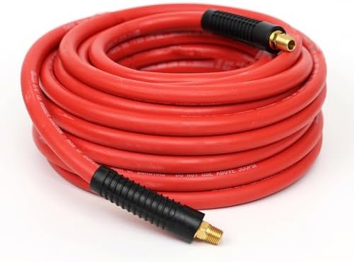 DYNAMIC POWER 3/8" x 50' Rubber Air Hose - 300 PSI - Assembly with 1/4" Male Pipe Thread Fittings & Bend Restictors (Red)