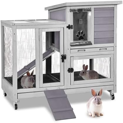 Outdoor Rabbit Hutch Indoor Bunny on Wheels Large Guinea Pig Cage with Run for Any Small Animals,Removable Pull Out Tray