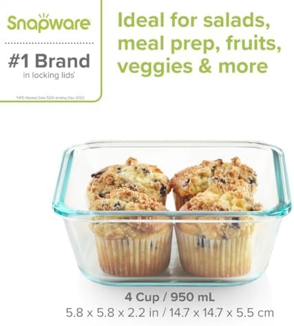 Snapware Snapware 6cup total solution rectangle food storage container glass, 9.3 Ounce (1112403) | Snapware glass container, 6‑cup size, BPA‑free lid, 4 locking tabs, microwave safe, freezer safe, dishwasher safe, 1112403