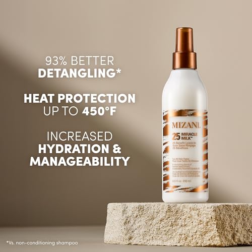 Mizani 25 Benefit Miracle Milk - Leave in Conditioner for Curly Hair, With Coconut Oil, Curl Detangler Spray, Anti Frizz Heat Protectant, No Drying Alcohols, Paraben-Free