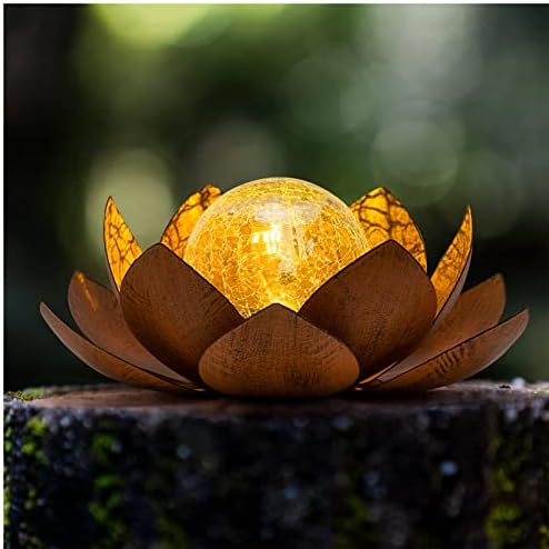 Huaxu Solar Lights Outdoor Garden, Crackle Globe Glass Lotus Decor, Waterproof LED Metal Flower Decorations for Patio,Lawn,Walkway,Tabletop,Ground