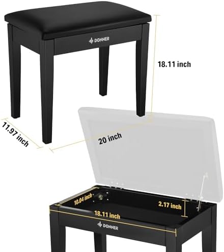 Donner Piano Bench with Storage, Solid Wood Keyboard Bench Piano Bookcase Stool Chair Seat with High-Density Sponges Pad, Black