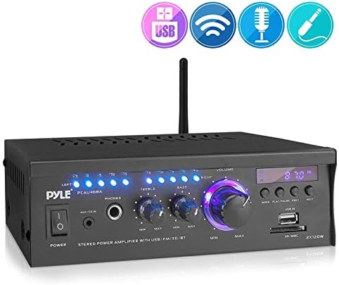 Pyle Home Power Amplifier with Bluetooth Wireless - 2 x 120 Watt Stereo Receiver w/ Blue LED Level Meter, FM Radio, USB-A Input w/ MP3 Player