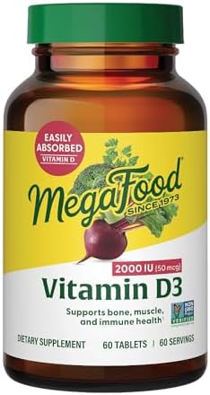 MegaFood Vitamin D3 2000 IU (50 mcg), Bone & Immune Health, 60 Tablets | Vitamin D3 Daily Support for Bone, Teeth, Muscle & Immune Health, Plus Real Food, Non-GMO, Vegetarian, 60 Servings