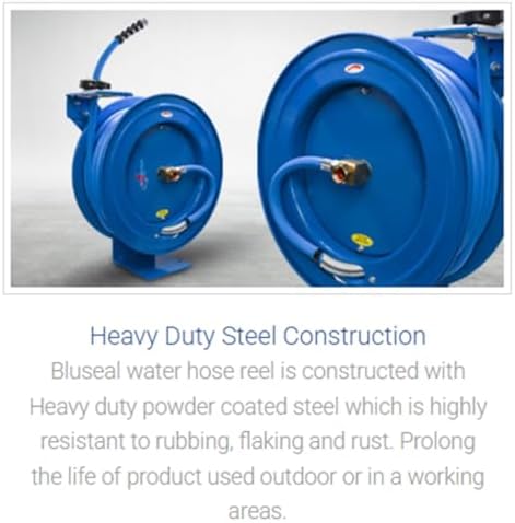 BLUSEAL BSWR5850 Retractable Hose Reel with 5/8" x 50' Hot Water Rubber Hose, 6' Lead-in, 500 PSI, Brass Fittings, Swivel Mount Hose Reel