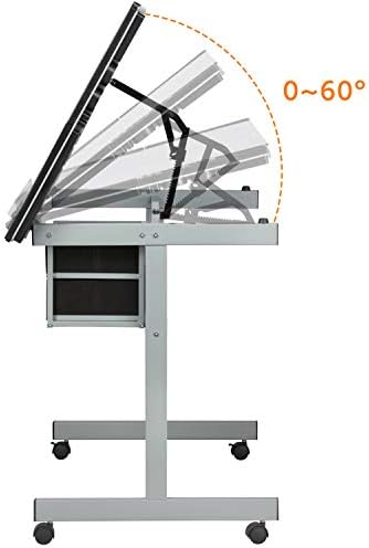Yaheetech Glass Drafting Table with Storage, Adjustable Art Drawing Desk | Tempered glass top on a steel frame tilts 0-60° for drawing, tracing
