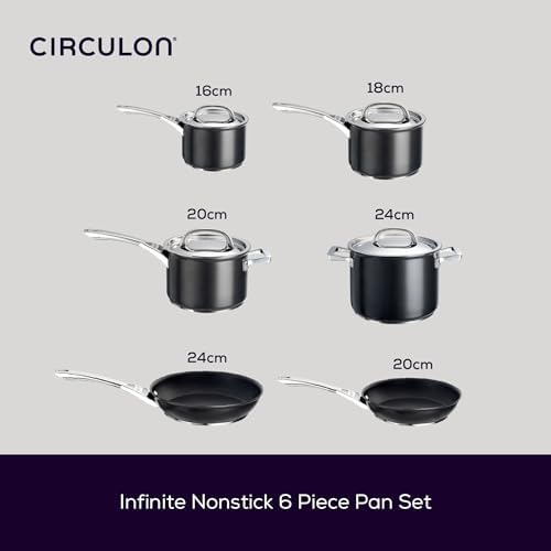 Circulon Infinite Induction Hob Pan Set - 6 Piece Non Stick Pots and Pans Sets with Stainless Steel Lids & Handles, Premium Dishwasher Safe Cookware, Black
